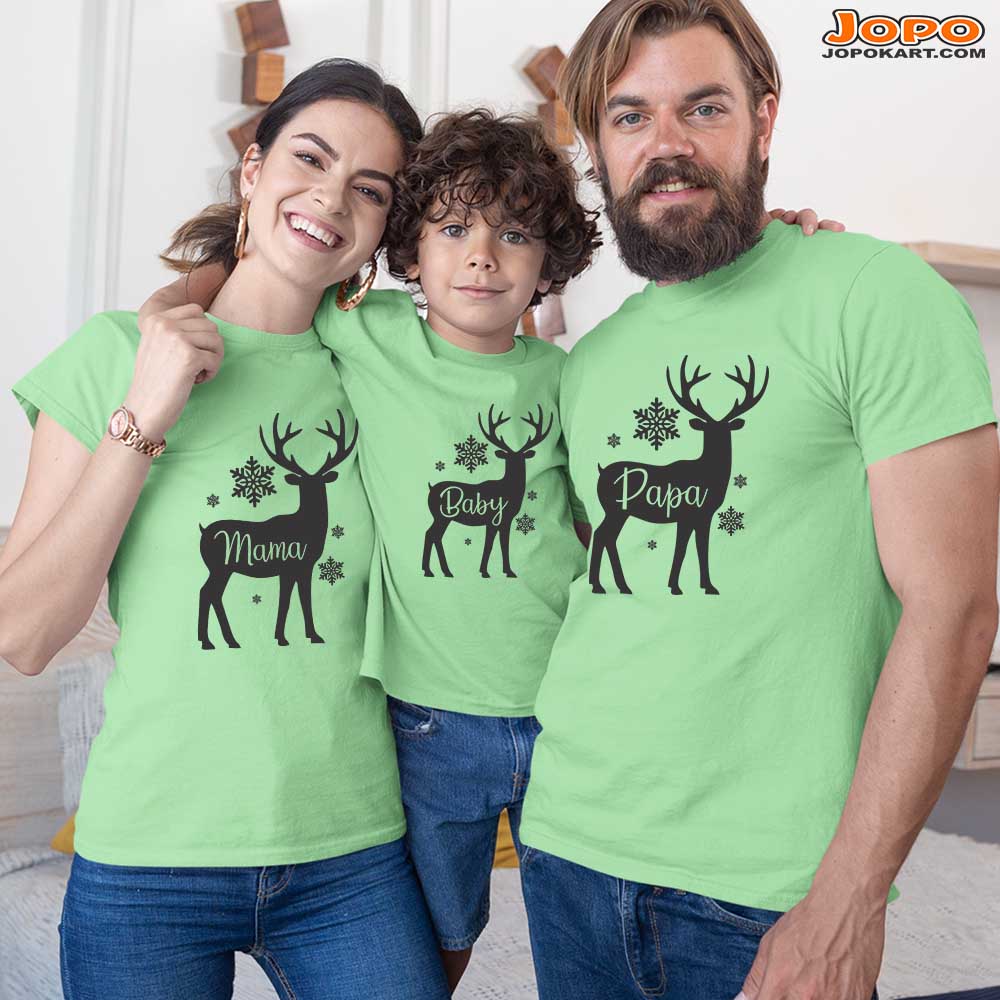 jopo family round neck half sleeve Rein deer with snow family name tshirt christmas celebration photoshoot outdoor tshirt mint green