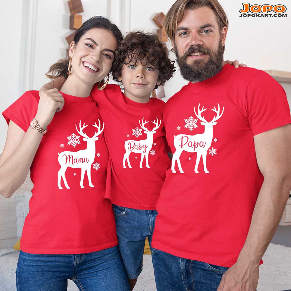 jopo family round neck half sleeve Rein deer with snow family name tshirt christmas celebration photoshoot outdoor tshirt red