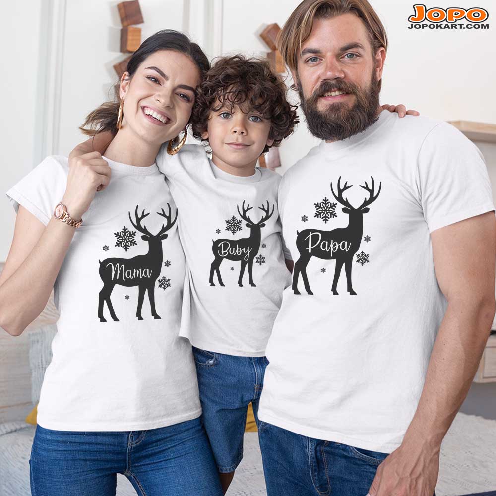 jopo family round neck half sleeve Rein deer with snow family name tshirt christmas celebration photoshoot outdoor tshirt White