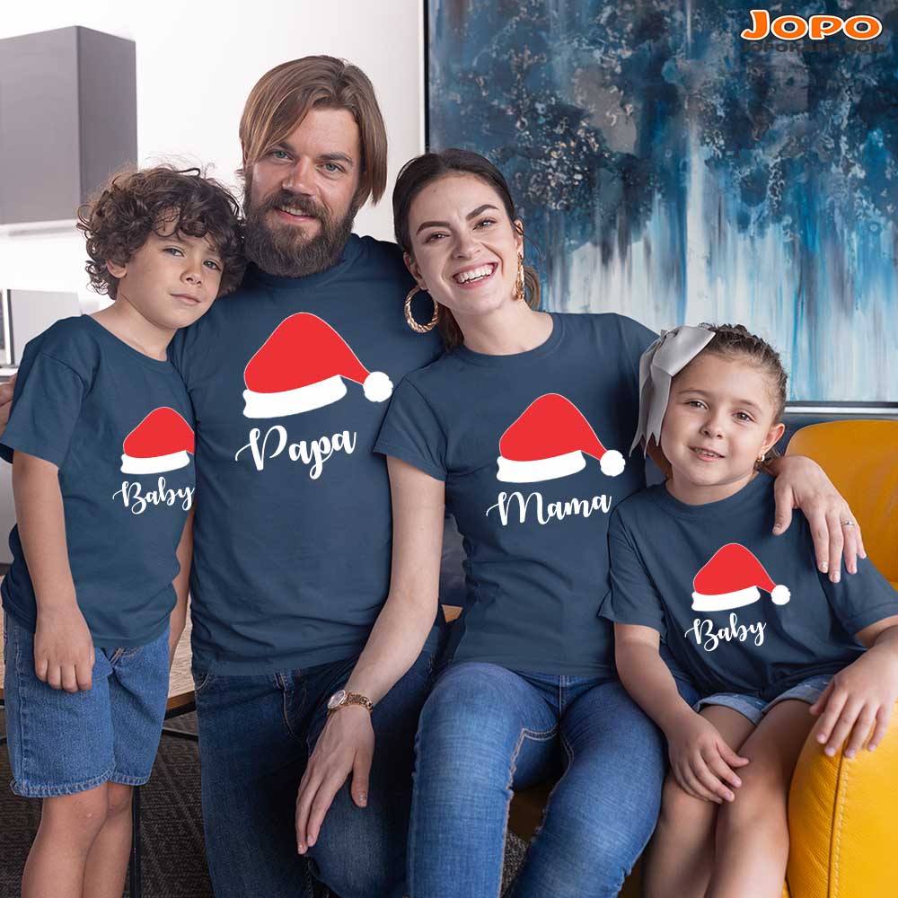 jopo family round neck half sleeve santa cap custom name tshirt christmas celebration photoshoot outdoor tshirt navy