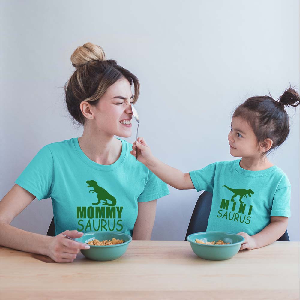 dresses for mom and daughter mother mommy same dress in india baby and mom dino saurus cutefamily tshirt smiling women with kid playing eating aqua blue