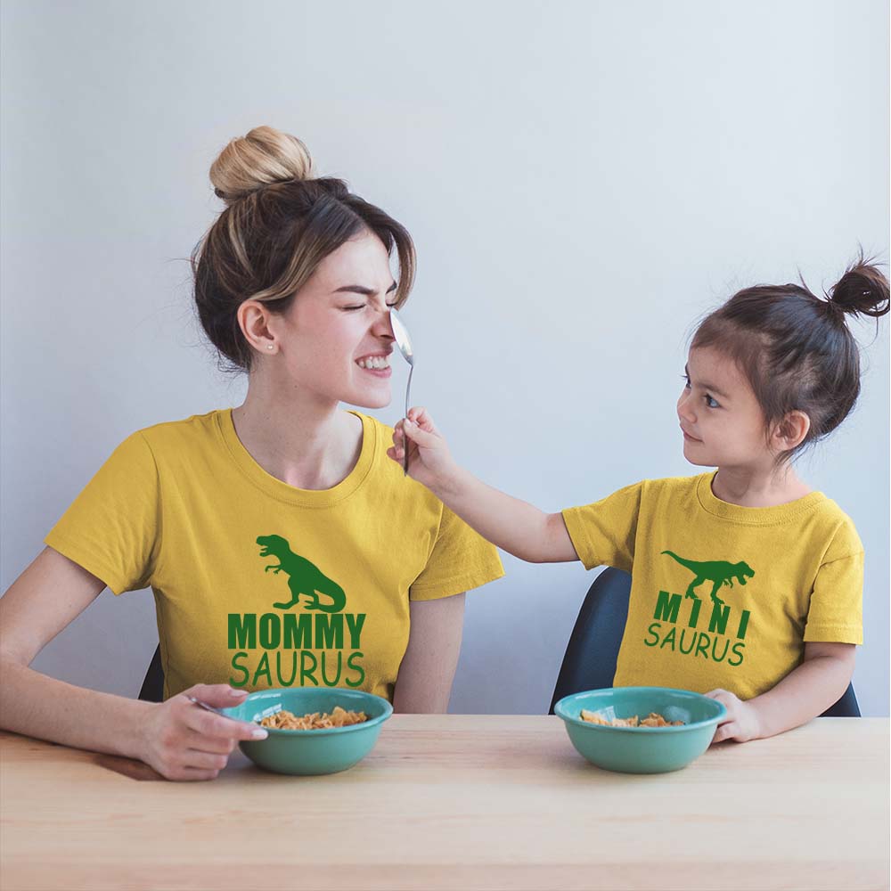 dresses for mom and daughter mother mommy same dress in india baby and mom dino saurus cutefamily tshirt smiling women with kid playing eating mustard