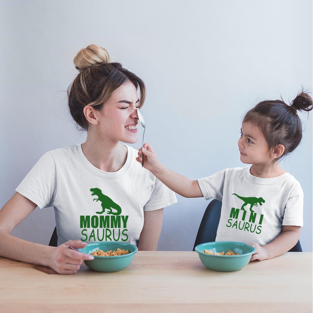 dresses for mom and daughter mother mommy same dress in india baby and mom dino saurus cutefamily tshirt smiling women with kid playing eating white