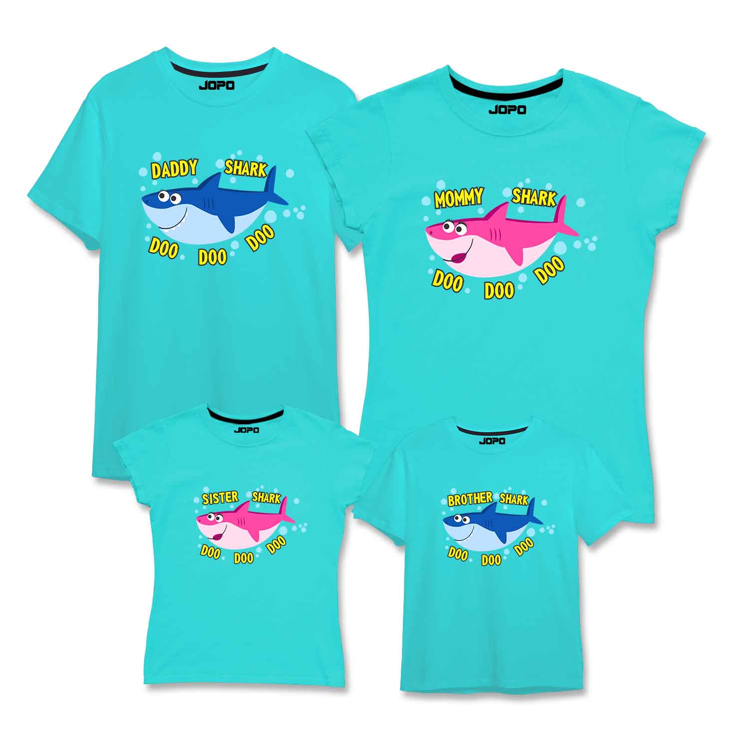 A set of Aquablue t-shirts with 'Baby Shark' theme, each featuring different shark characters and the text 'Daddy Shark, Mommy Shark, Son Shark, Daughter Shark, Baby Shark'. The t-shirts are designed for a family Matching Outfit