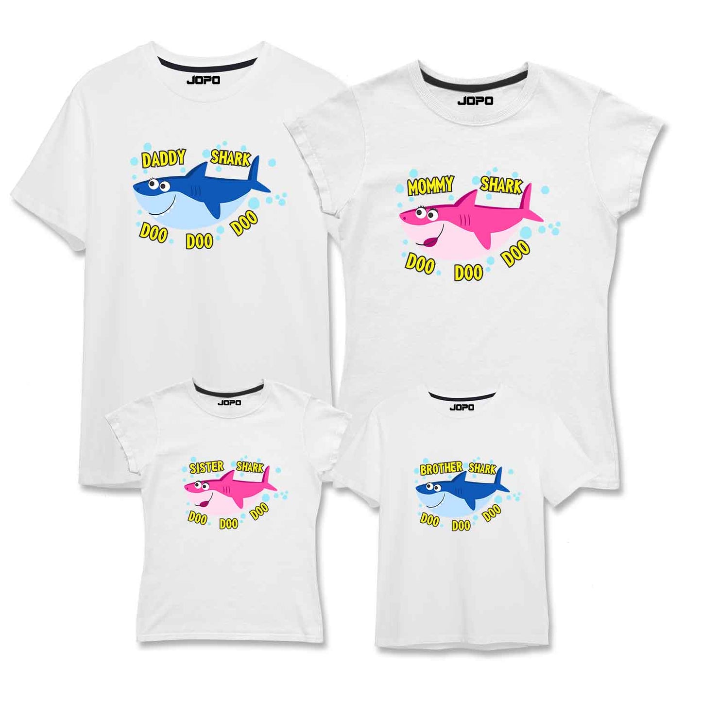 Family matching white t-shirts with Baby Shark and related characters printed 