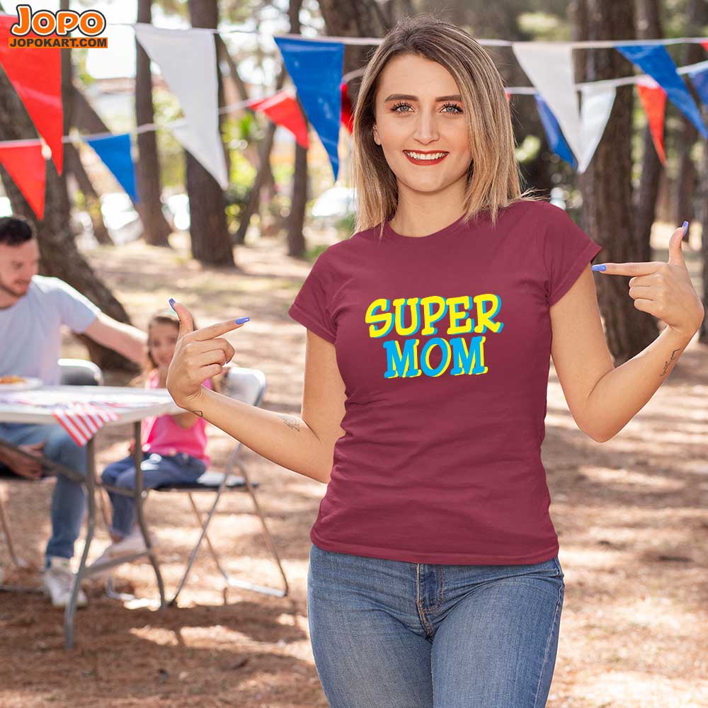 jopo Super mom women tshirt celebration mode maroon