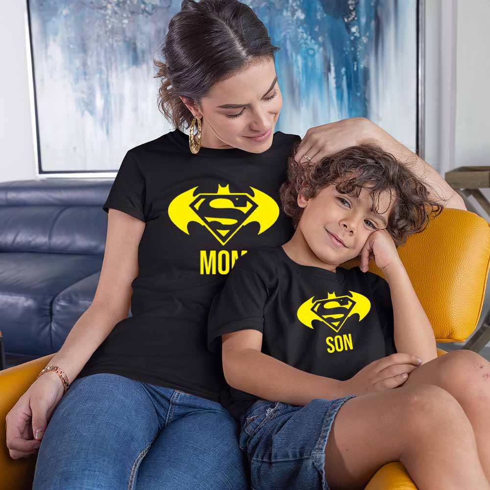 Jopo Mom Son Photoshoot printed tshirt graphic print happy family matching dresses Superman black