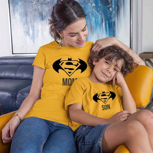 Jopo Mom Son Photoshoot printed tshirt graphic print happy family matching dresses Superman mustard
