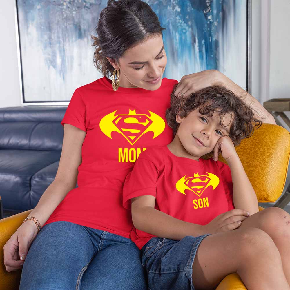 Jopo Mom Son Photoshoot printed tshirt graphic print happy family matching dresses Superman red