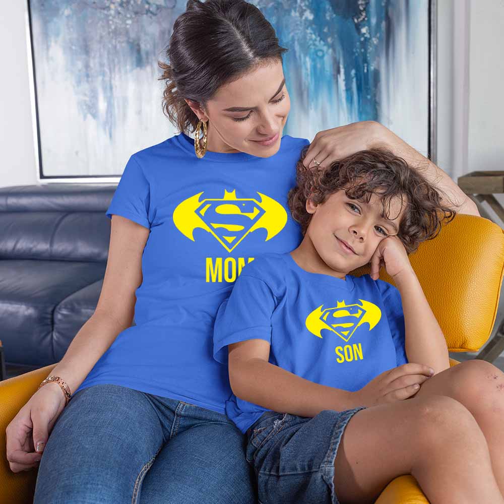 Jopo Mom Son Photoshoot printed tshirt graphic print happy family matching dresses Superman Royal blue
