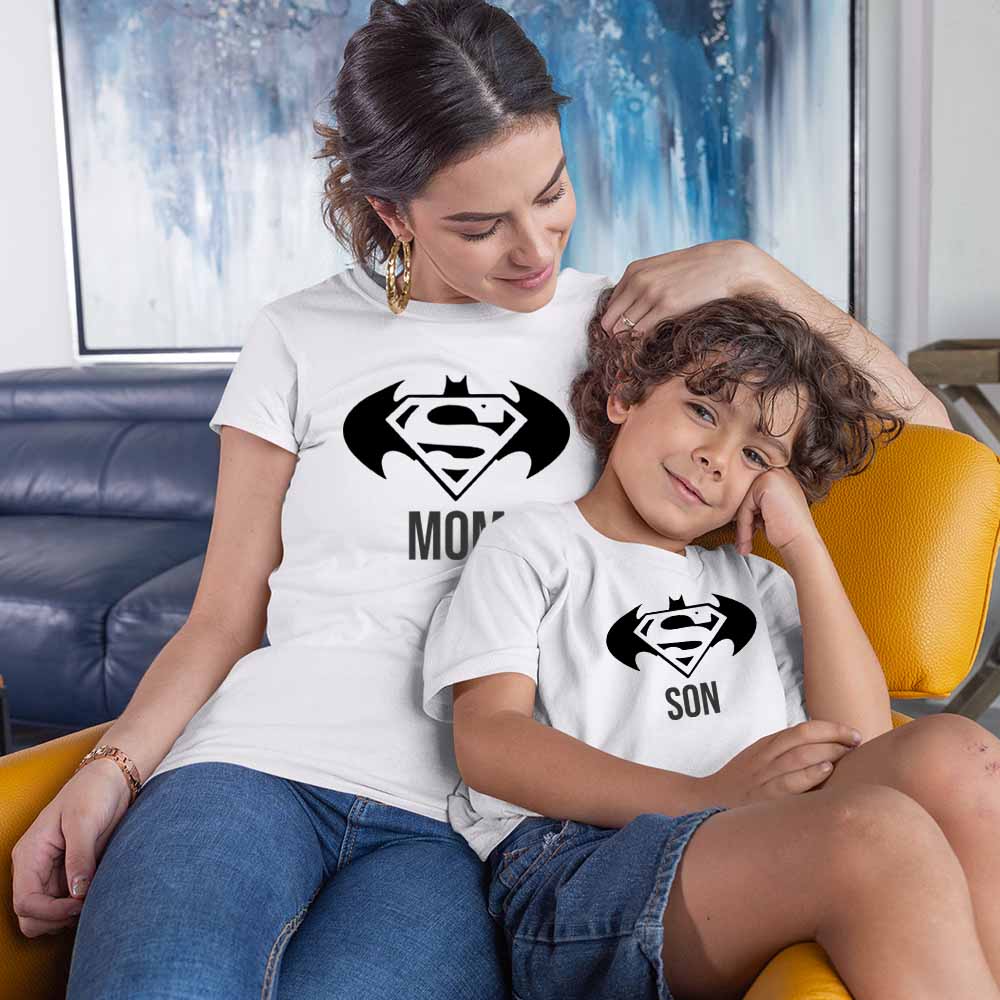 Jopo Mom Son Photoshoot printed tshirt graphic print happy family matching dresses Superman white