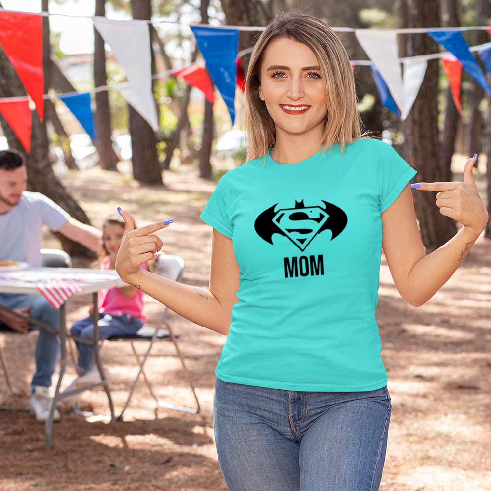 jopo Superman batman mom women tshirt celebration mode aqua blue