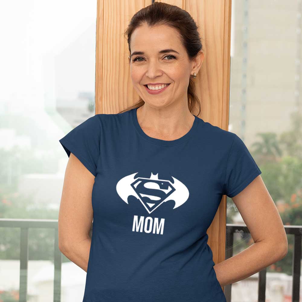 jopo Superman batman mom women tshirt celebration mode navy