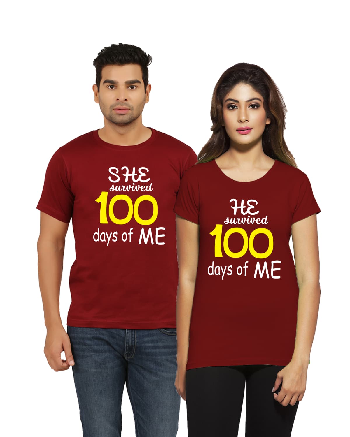 100 Day Anniversary couple tshirts maroon