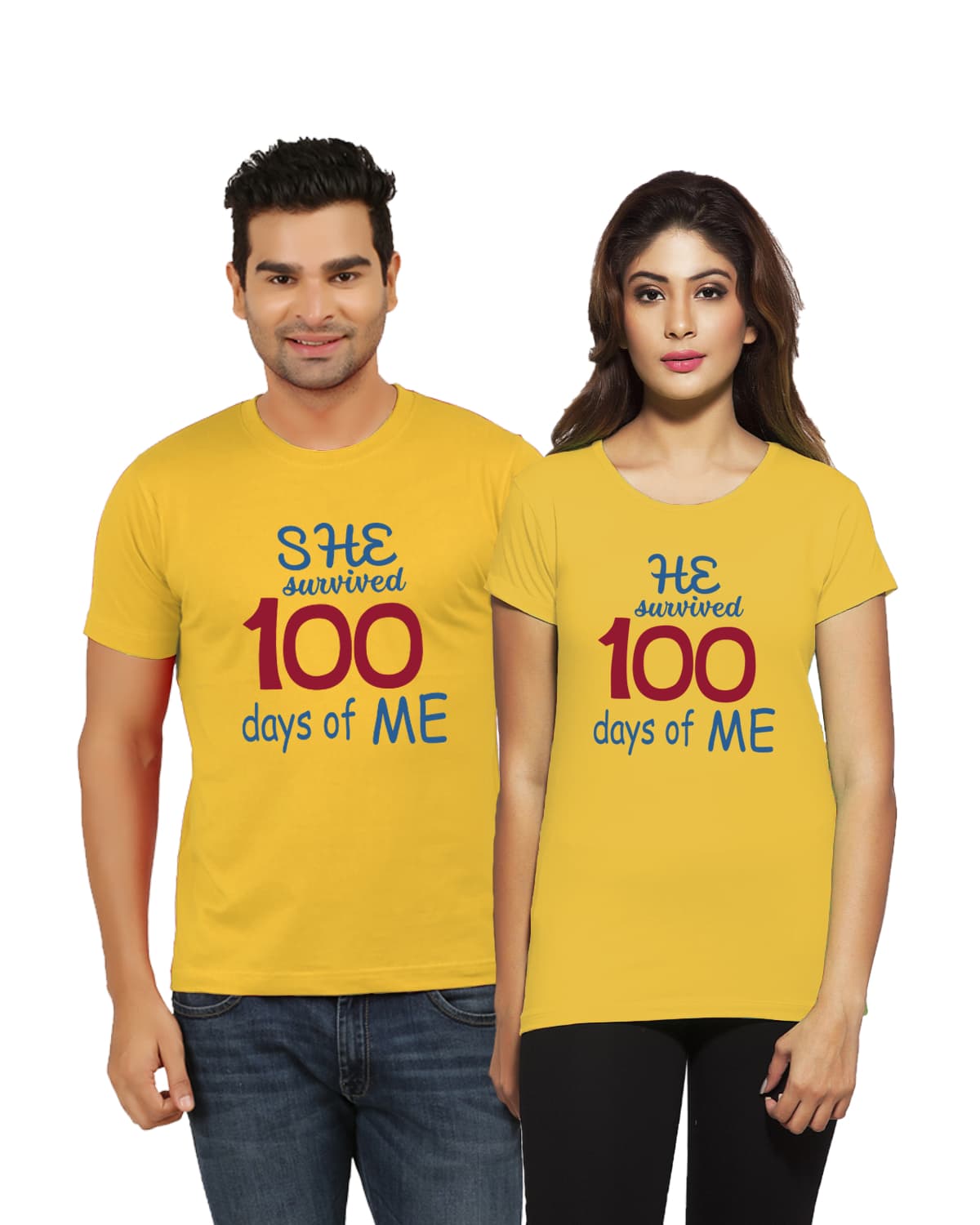 100 Day Anniversary couple tshirts mustard