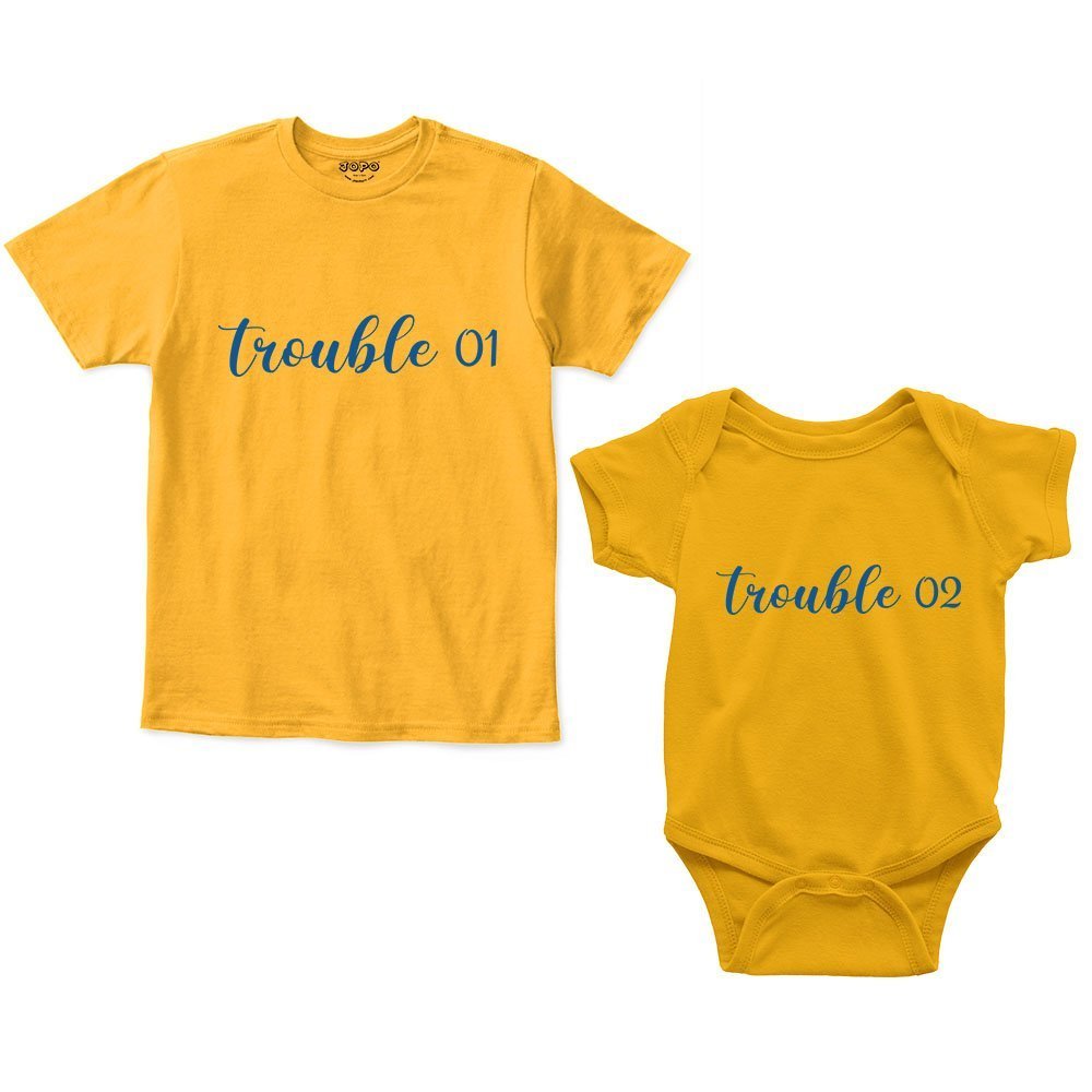 trouble romper with tshirt mustard