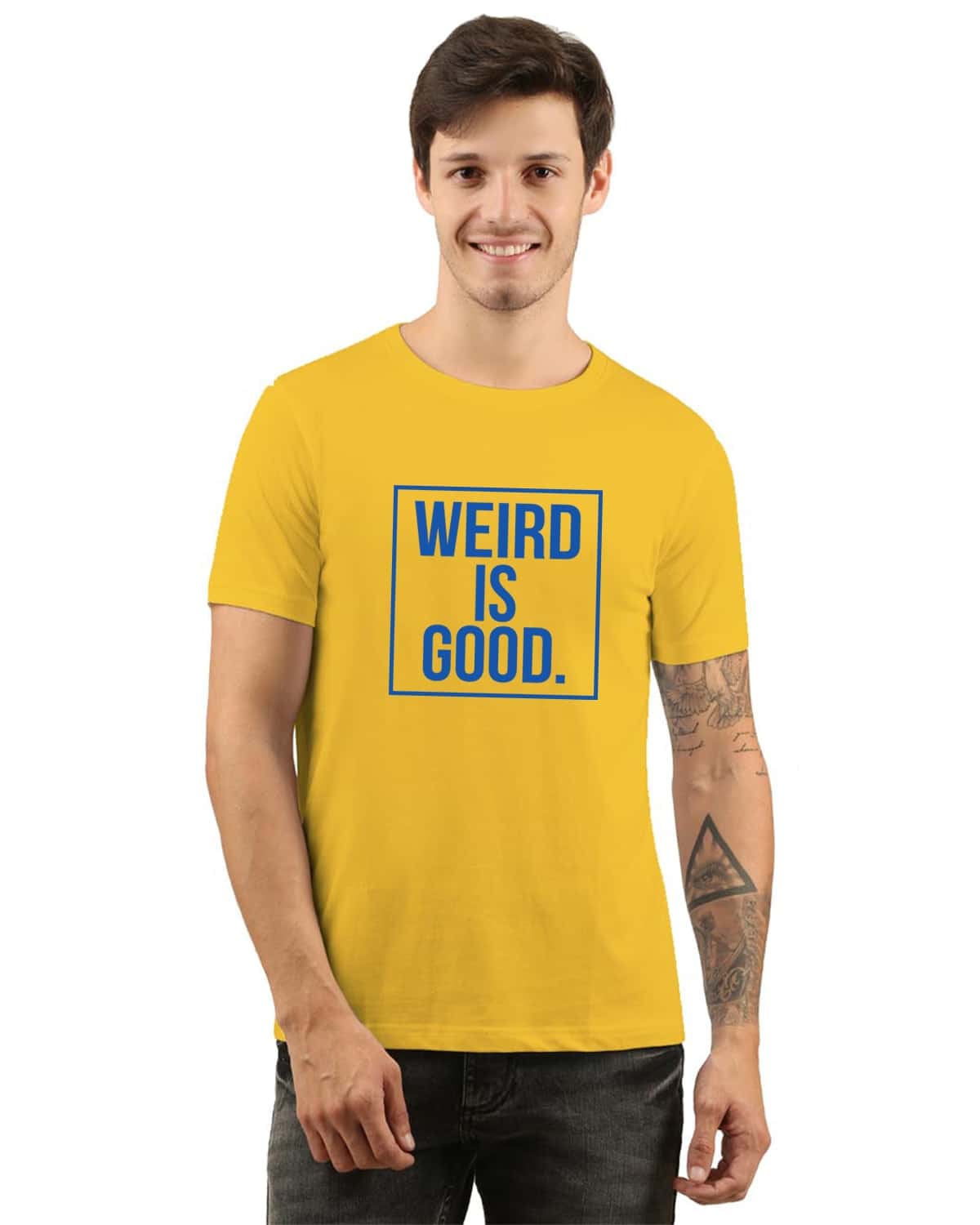 weird is good printed tshirt men jopo biowash cotton mustard