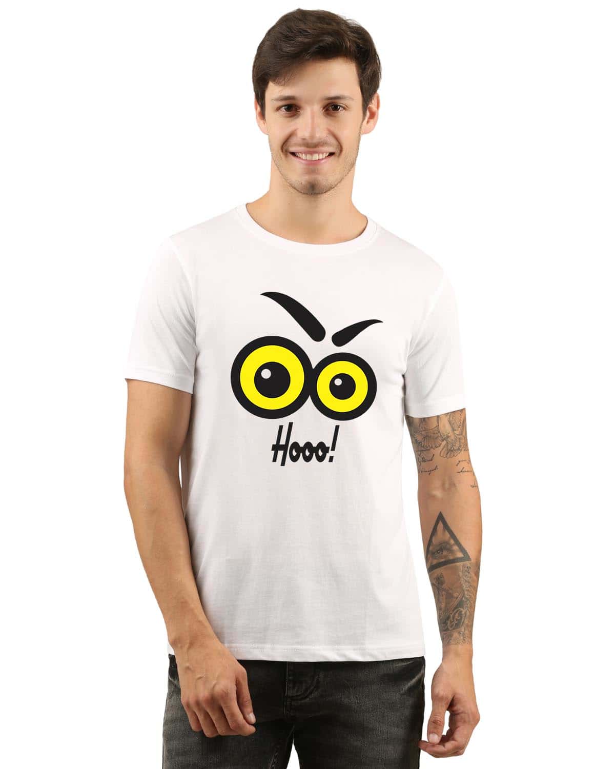 owl eyes hoo white printed round neck biowash graphic tee stylish